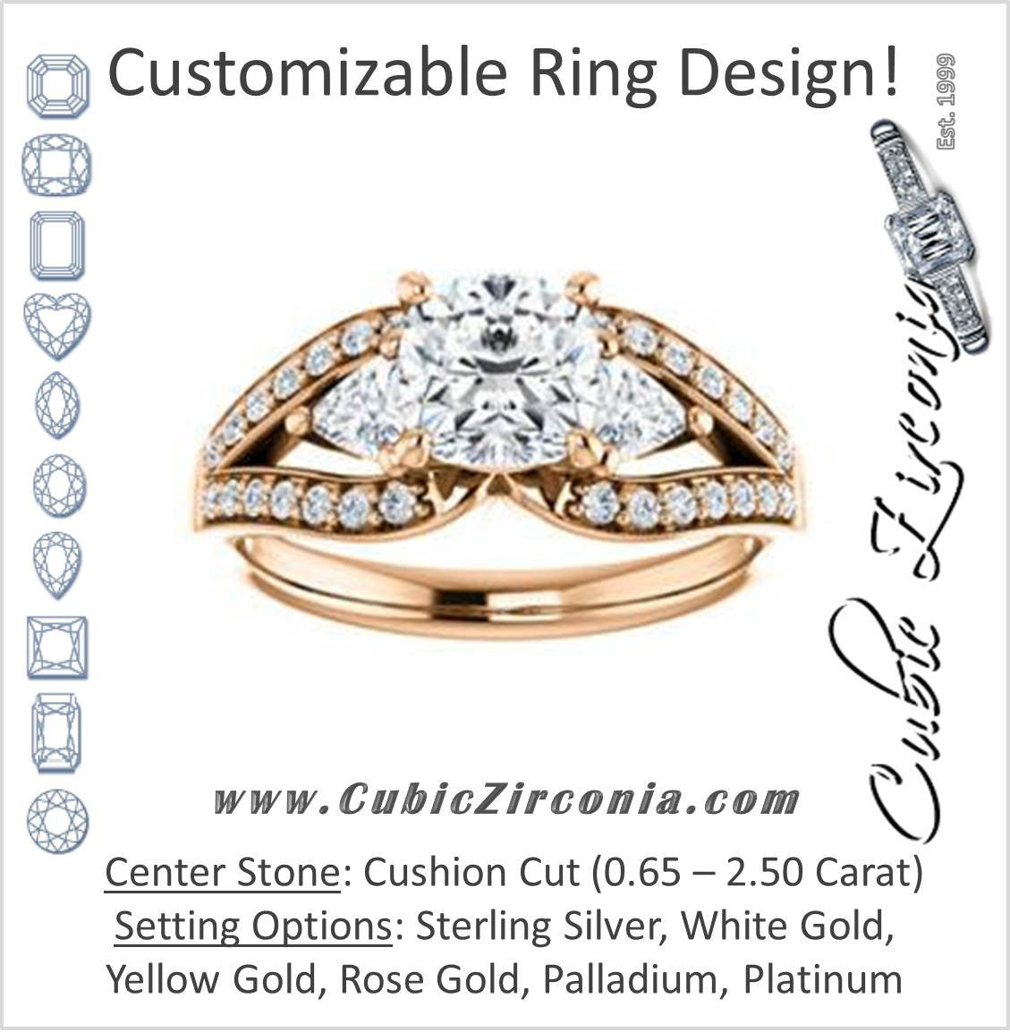 Cubic Zirconia Engagement Ring- The Karen (Customizable Enhanced 3-stone Design with Cushion Cut Center, Dual Trillion Accents and Wide Pavé-Split Band)
