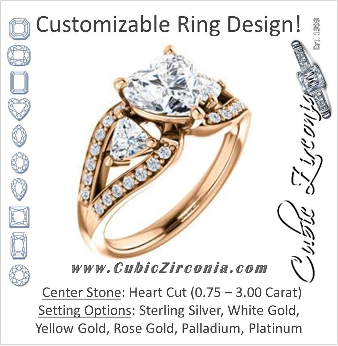 Cubic Zirconia Engagement Ring- The Karen (Customizable Enhanced 3-stone Design with Heart Cut Center, Dual Trillion Accents and Wide Pavé-Split Band)