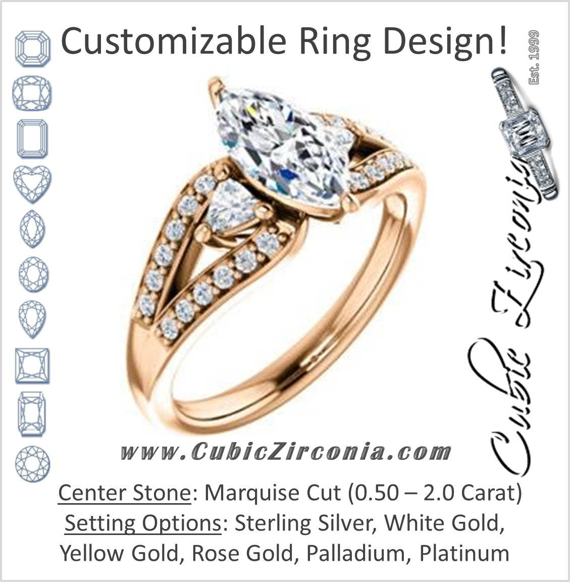 Cubic Zirconia Engagement Ring- The Karen (Customizable Enhanced 3-stone Design with Marquise Cut Center, Dual Trillion Accents and Wide Pavé-Split Band)