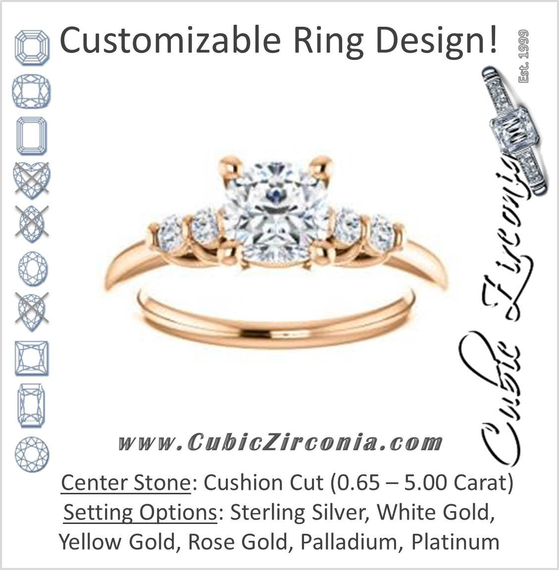 Cubic Zirconia Engagement Ring- The Karima (Customizable Cushion Cut 5-stone style with Quad Bar-set Round Accents)