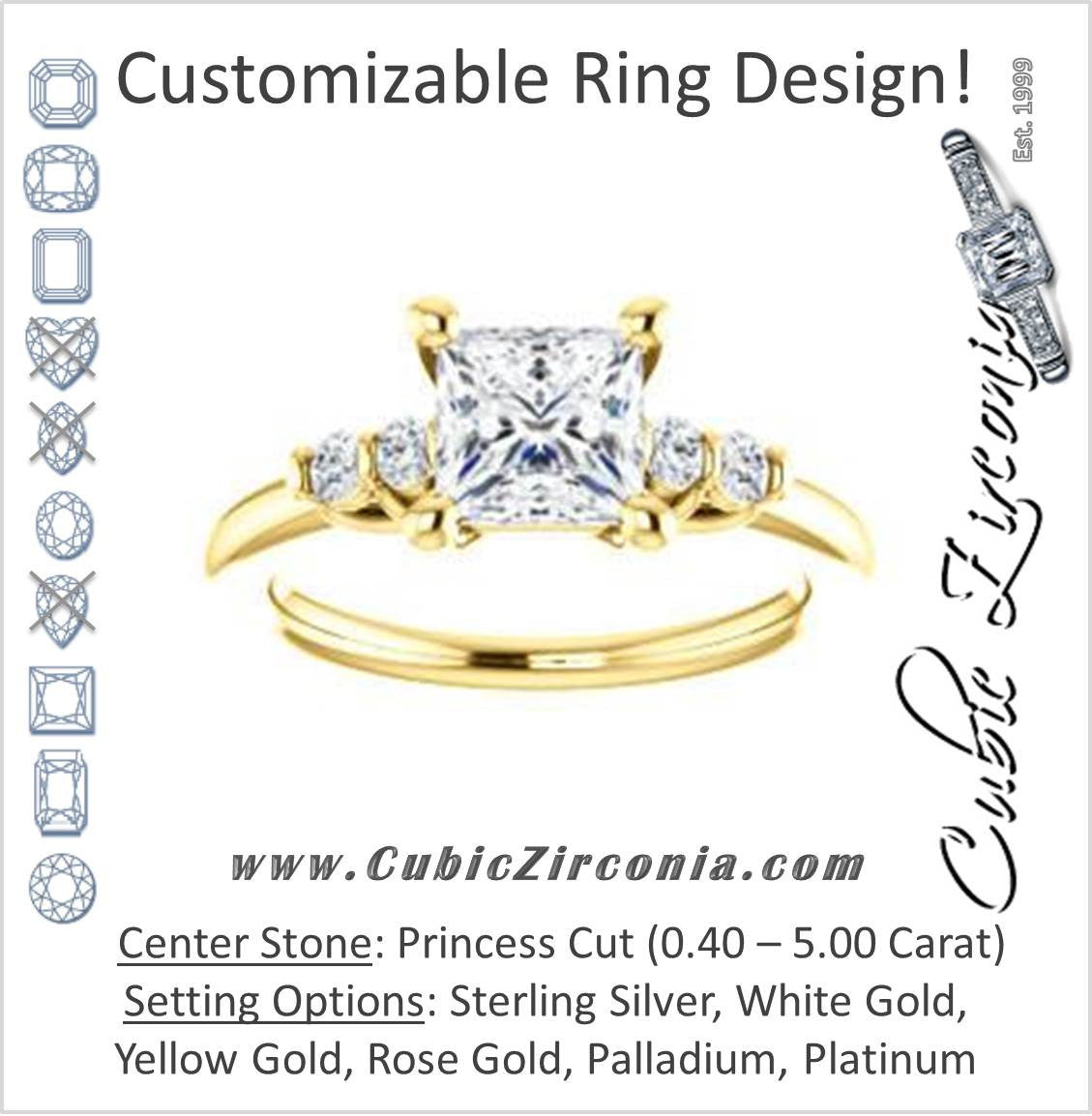 Cubic Zirconia Engagement Ring- The Karima (Customizable Princess Cut 5-stone style with Quad Bar-set Round Accents)