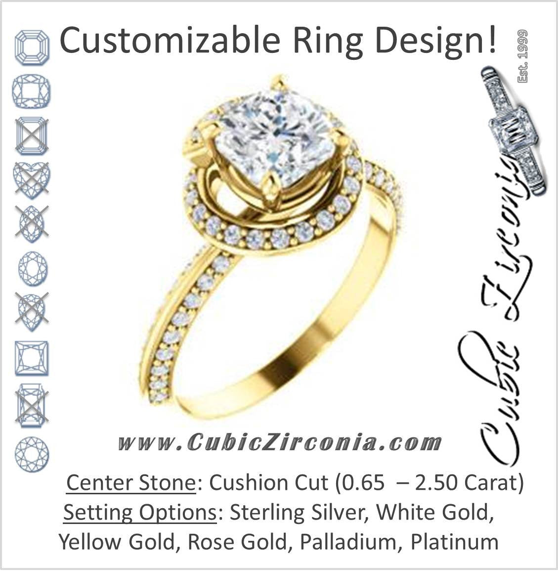 Cubic Zirconia Engagement Ring- The Karly (Customizable Cushion Cut Design with Bypass Halo and 3-sided Artisan Pavé Band)