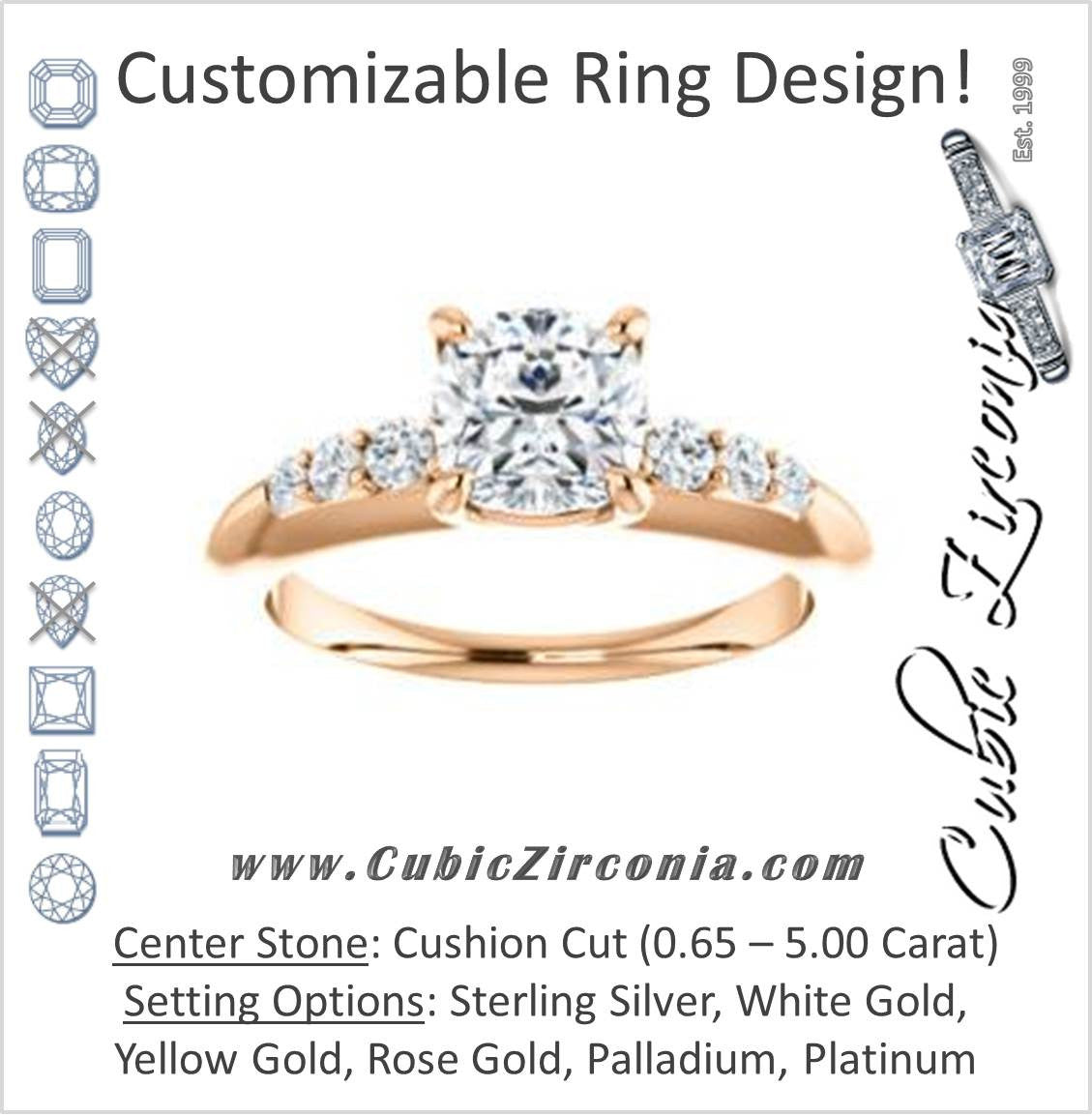 Cubic Zirconia Engagement Ring- The Karyn Nya (Customizable 7-stone Cushion Cut style with Tapered Band & Round Prong-set Accents)