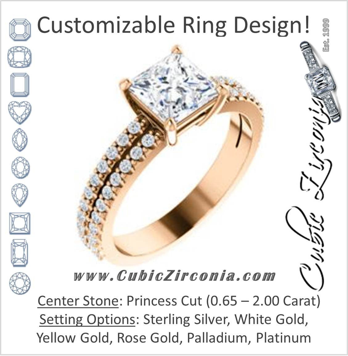 Cubic Zirconia Engagement Ring- The Kathryn  (Customizable Princess with Split Band & Round Pave Accents)