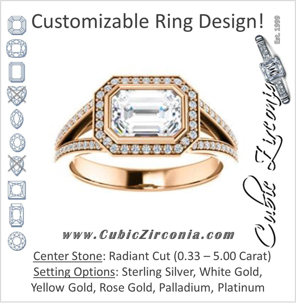 Cubic Zirconia Engagement Ring- The Kay Adaira (Customizable Bezel-set Radiant Cut with Halo and Split-Pavé Band)