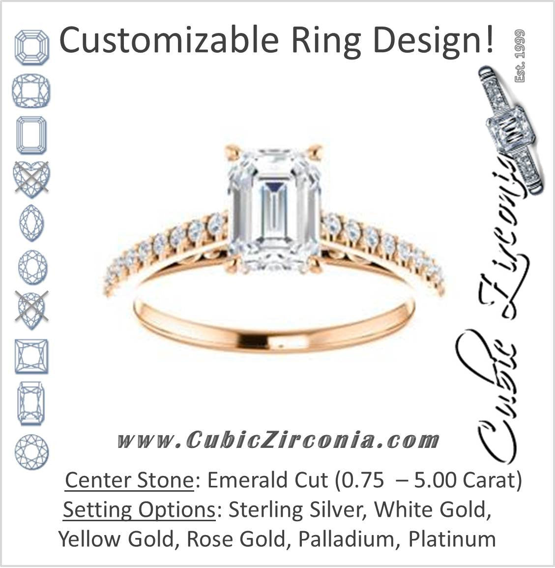 Cubic Zirconia Engagement Ring- The Kiana (Customizable Emerald Cut Design with Decorative Cathedral Trellis and Thin Pavé Band)