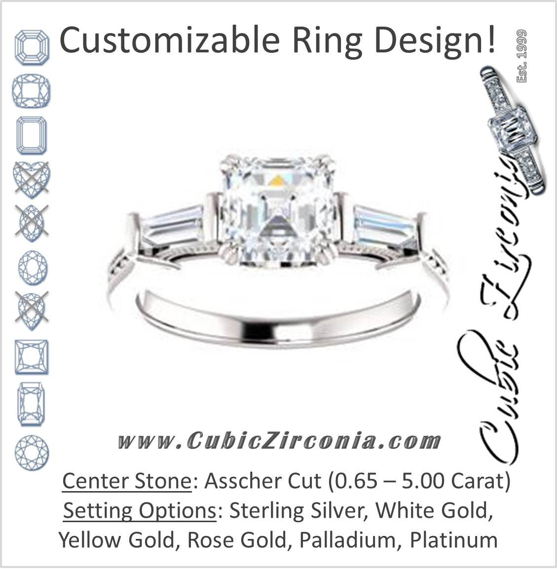 Cubic Zirconia Engagement Ring- The Kimiko (Customizable 3-stone Asscher Cut Design with Baguette Accents and Thin Wheat-Filigree Band)