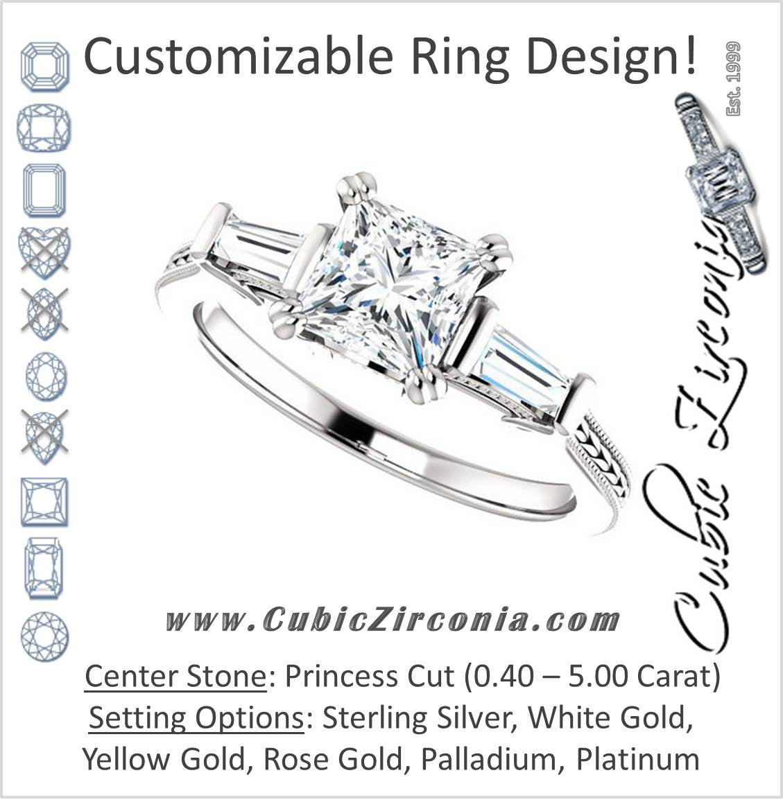 Cubic Zirconia Engagement Ring- The Kimiko (Customizable 3-stone Princess Cut Design with Baguette Accents and Thin Wheat-Filigree Band)