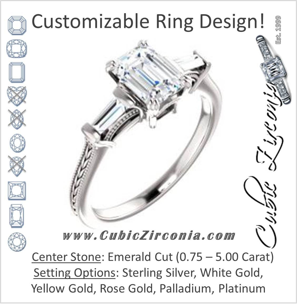 Cubic Zirconia Engagement Ring- The Kimiko (Customizable 3-stone Emerald Cut Design with Baguette Accents and Thin Wheat-Filigree Band)