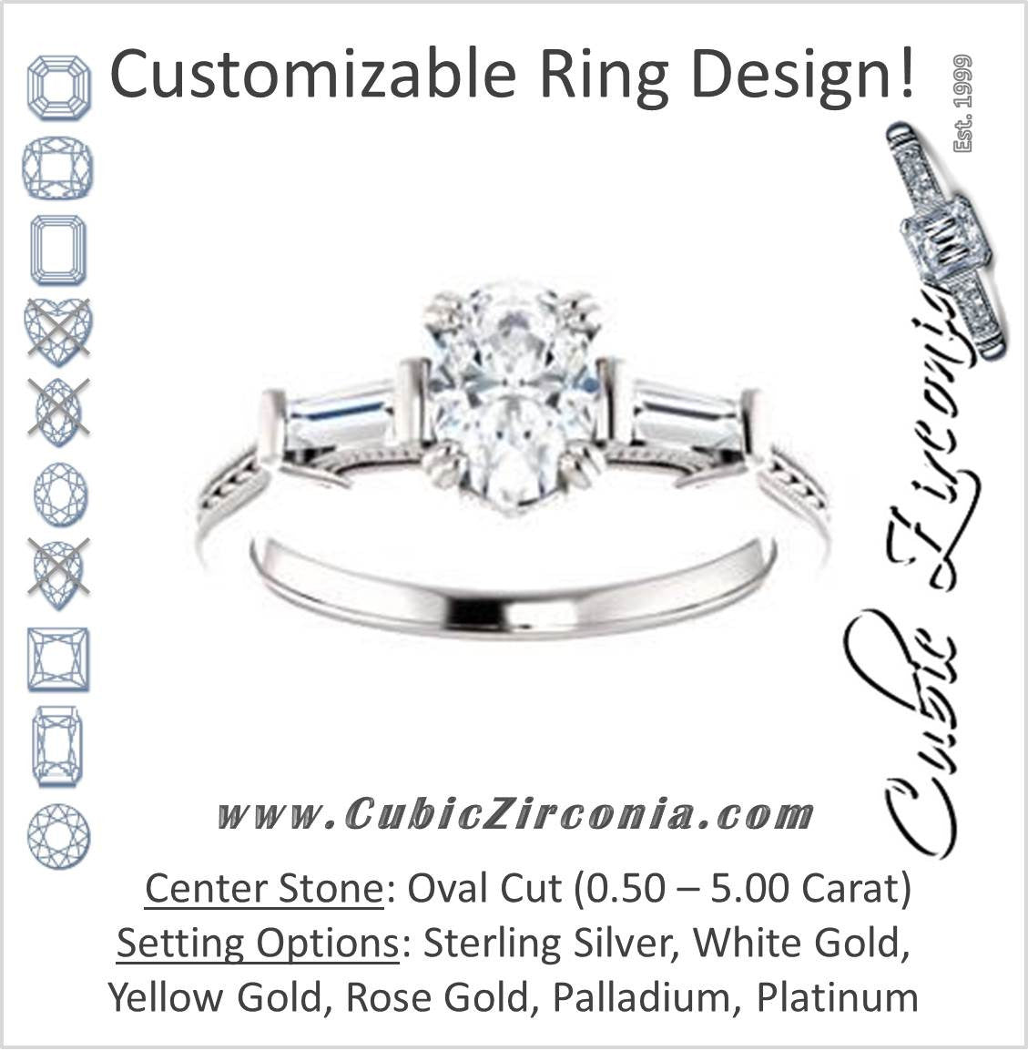 Cubic Zirconia Engagement Ring- The Kimiko (Customizable 3-stone Oval Cut Design with Baguette Accents and Thin Wheat-Filigree Band)