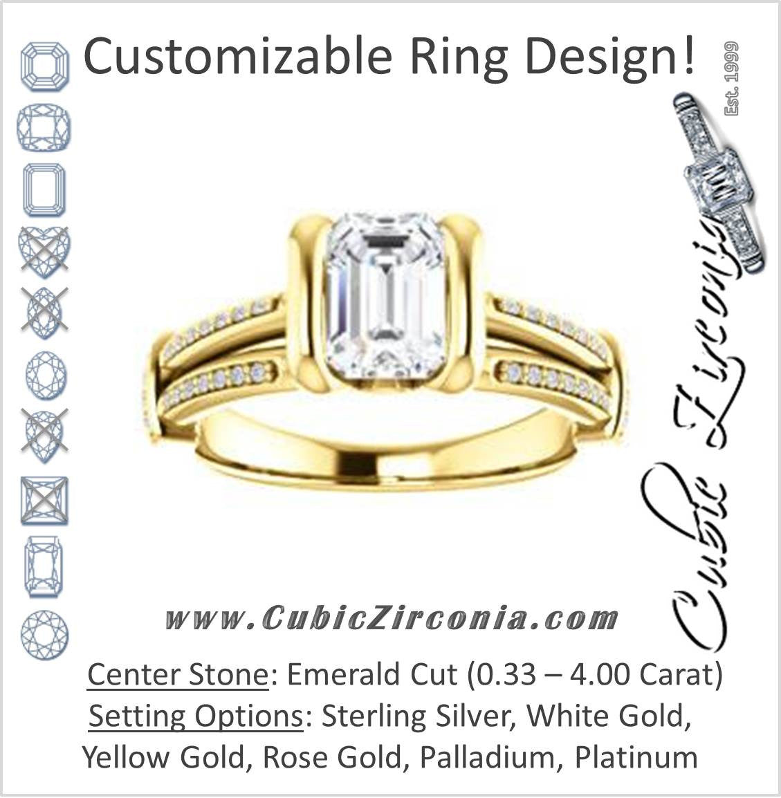 Cubic Zirconia Engagement Ring- The Kinsley (Customizable Emerald Cut with Split Pavé Band & Peekaboo Accents)