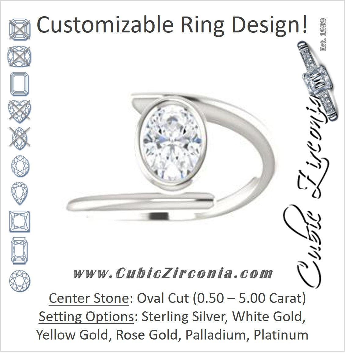 Cubic Zirconia Engagement Ring- The Lacy Michelle (Customizable Bezel-set Oval Cut Solitaire with Thin, Twisting-Bypass Asymmetrical Band)