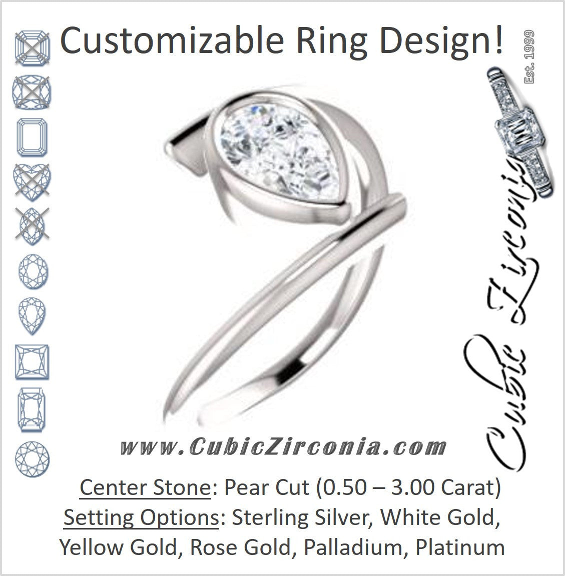 Cubic Zirconia Engagement Ring- The Lacy Michelle (Customizable Bezel-set Pear Cut Solitaire with Thin, Twisting-Bypass Asymmetrical Band)