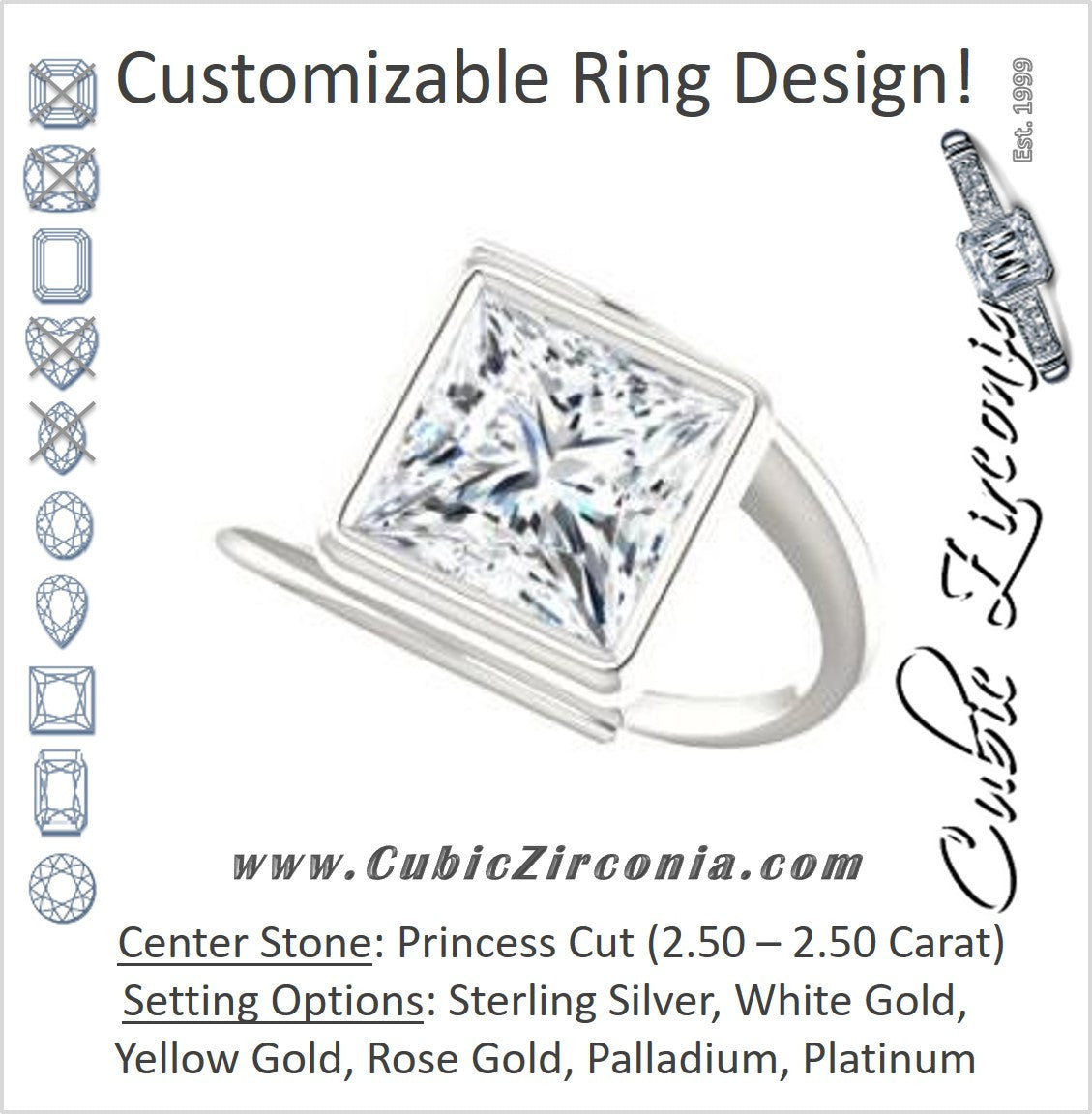 Cubic Zirconia Engagement Ring- The Lacy Michelle (Customizable Bezel-set Princess Cut Solitaire with Thin, Twisting-Bypass Asymmetrical Band)