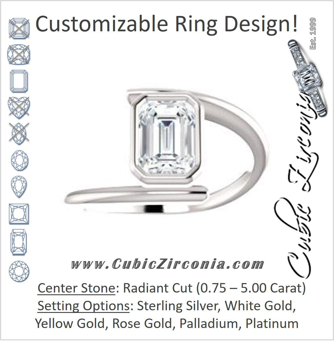 Cubic Zirconia Engagement Ring- The Lacy Michelle (Customizable Bezel-set Radiant Cut Solitaire with Thin, Twisting-Bypass Asymmetrical Band)