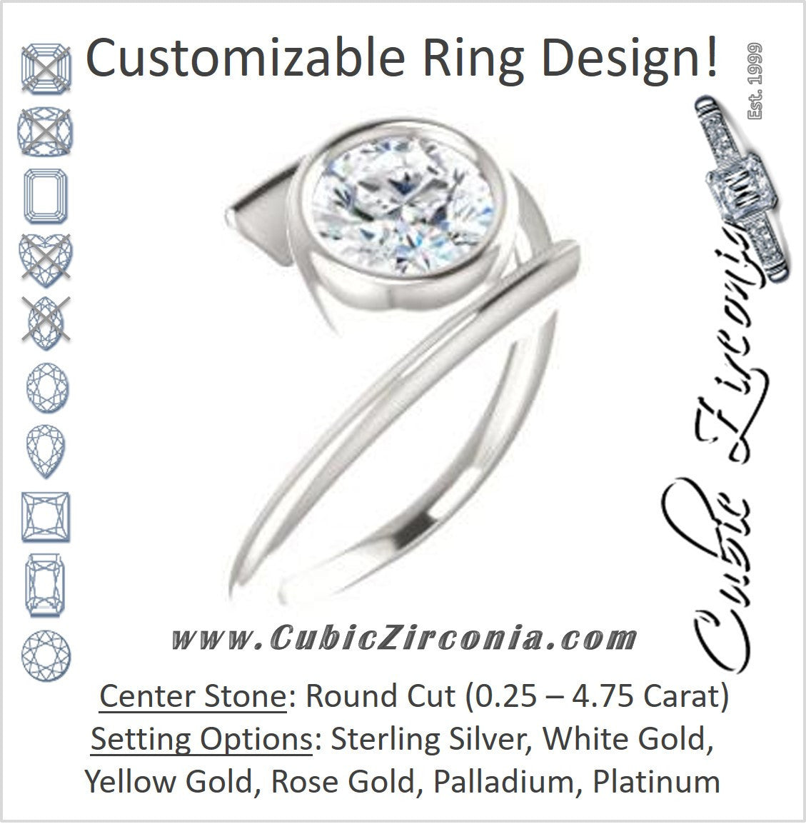 Cubic Zirconia Engagement Ring- The Lacy Michelle (Customizable Bezel-set Round Cut Solitaire with Thin, Twisting-Bypass Asymmetrical Band)