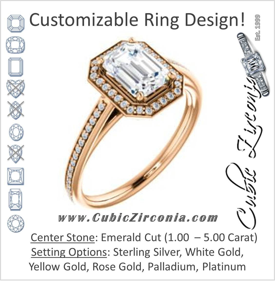 Cubic Zirconia Engagement Ring- The Laila Jean (Customizable Cathedral-set Emerald Cut with Halo and Thin Pavé Band)