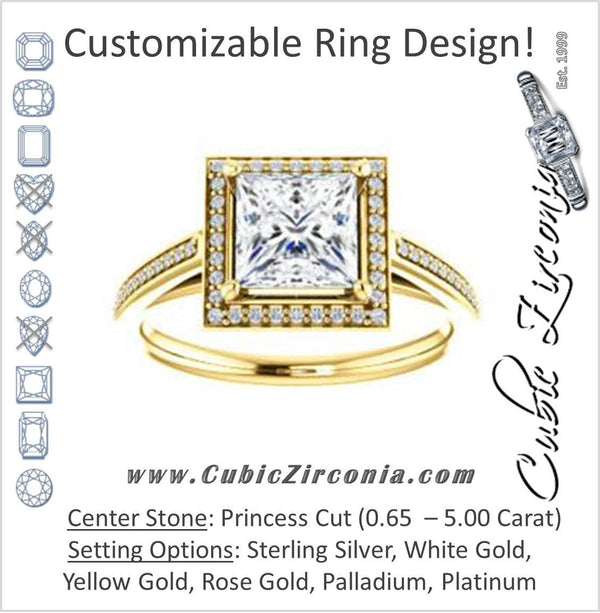 Cubic Zirconia Engagement Ring- The Laila Jean (Customizable Cathedral-set Princess Cut with Halo and Thin Pavé Band)