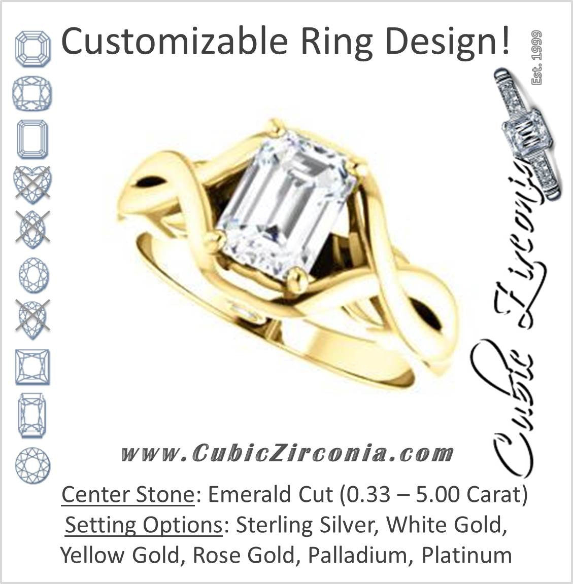Cubic Zirconia Engagement Ring- The Lakshmi (Customizable Cathedral-set Emerald Cut Style with Twisting Split Band & Peekaboo Accents)