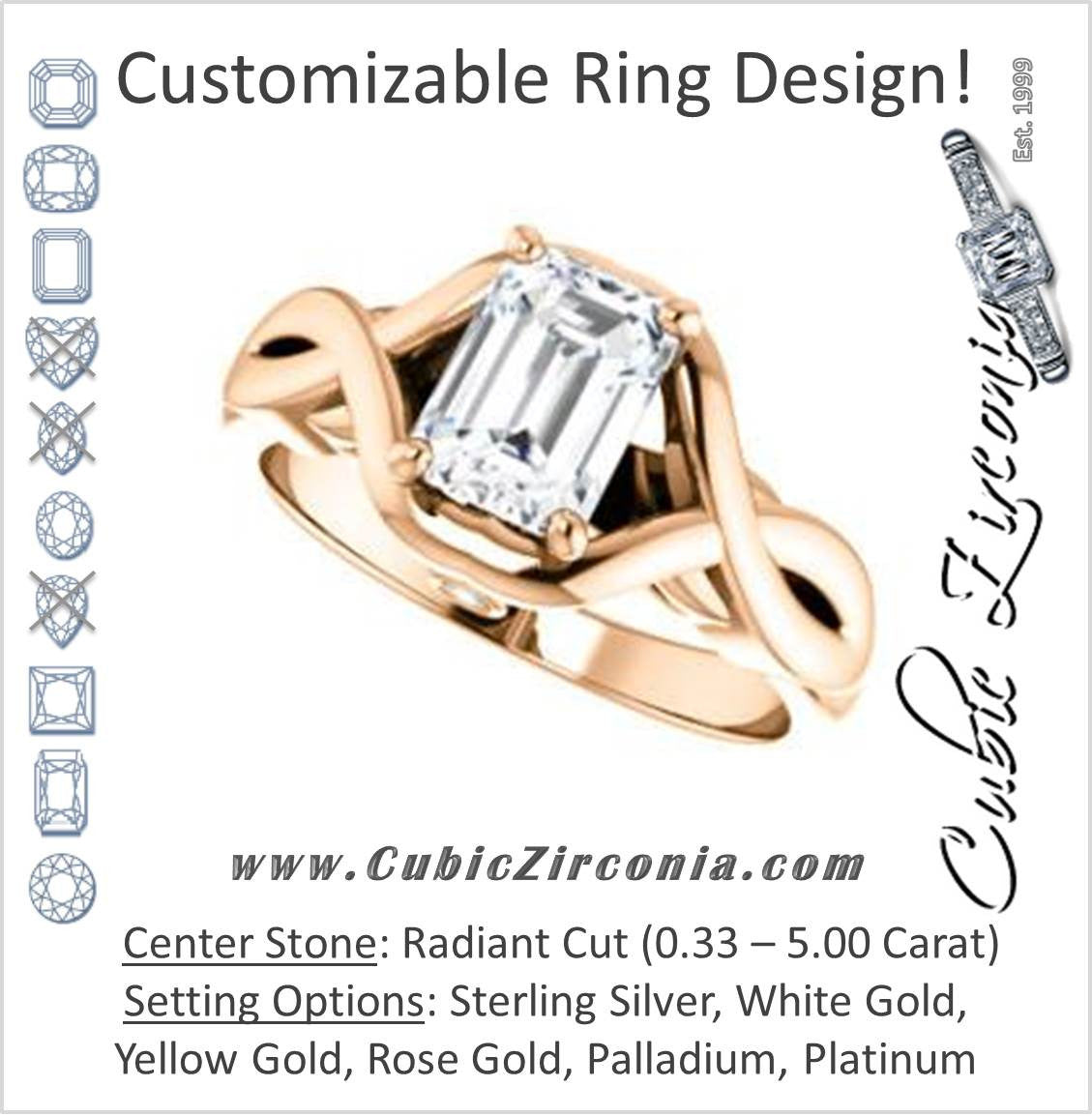 Cubic Zirconia Engagement Ring- The Lakshmi (Customizable Cathedral-set Radiant Cut Style with Twisting Split Band & Peekaboo Accents)