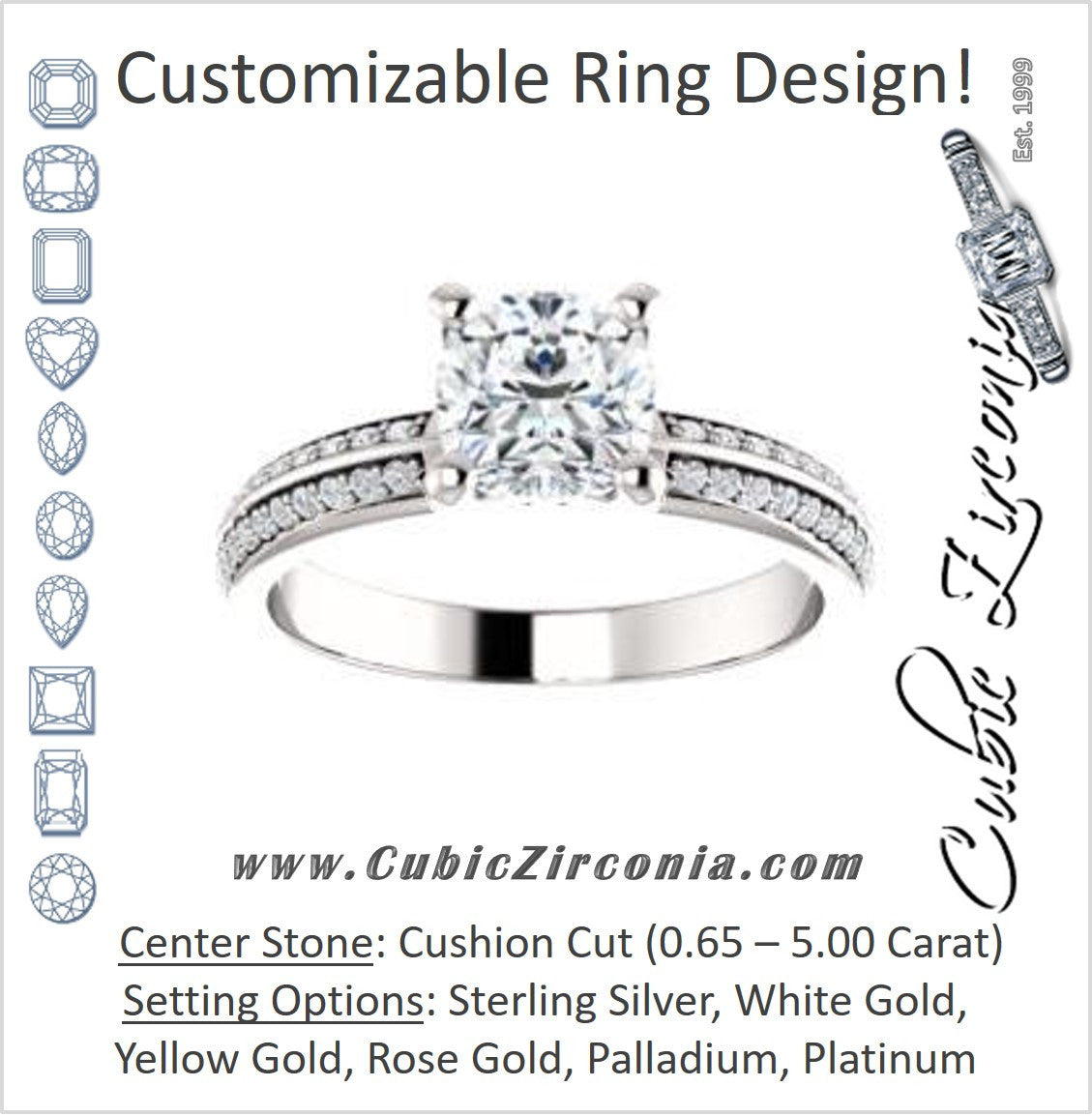 Cubic Zirconia Engagement Ring- The Layla (Customizable Cushion Cut Design with Segmented Double-Pavé Band)