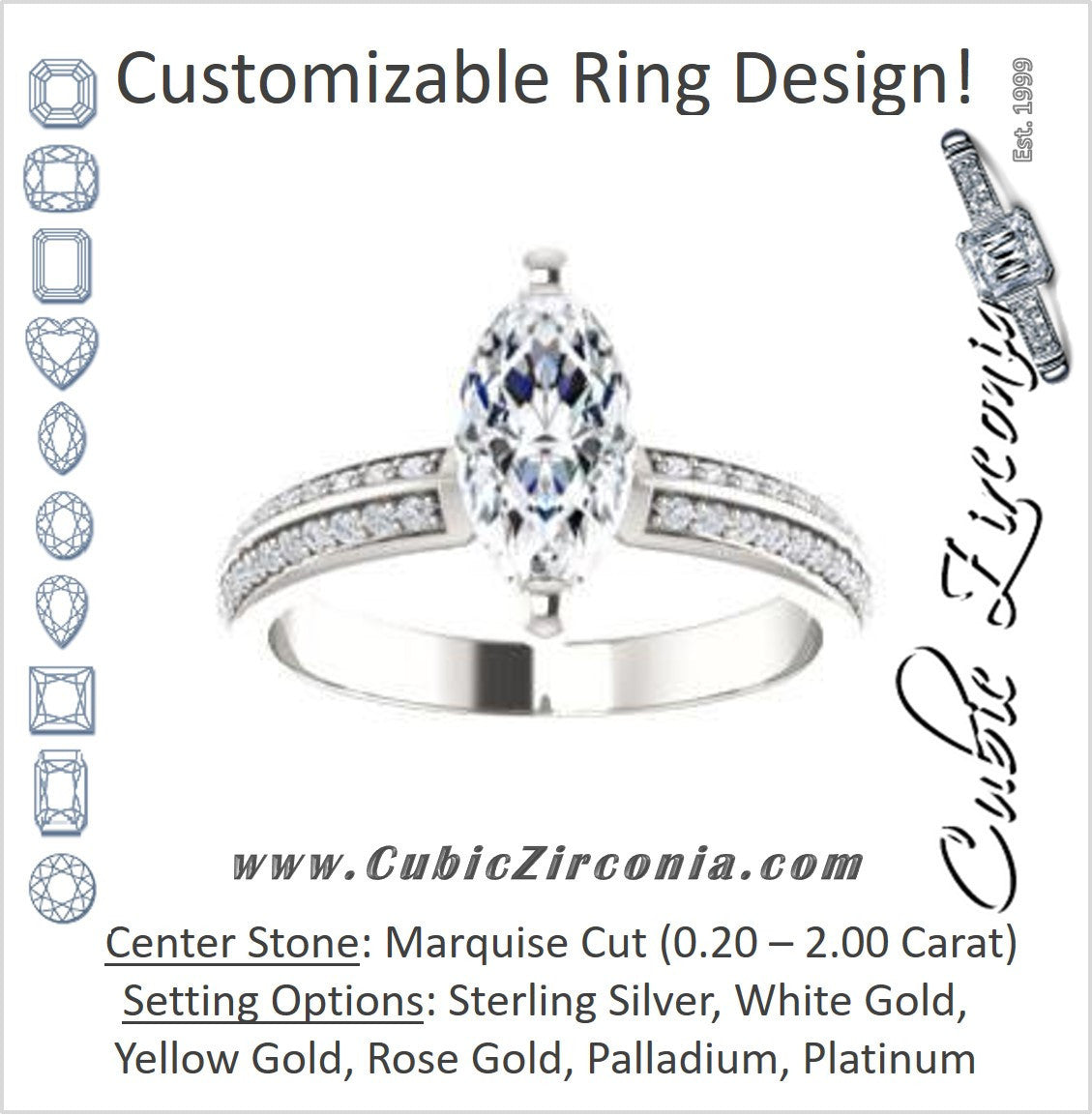 Cubic Zirconia Engagement Ring- The Layla (Customizable Marquise Cut Design with Segmented Double-Pavé Band)