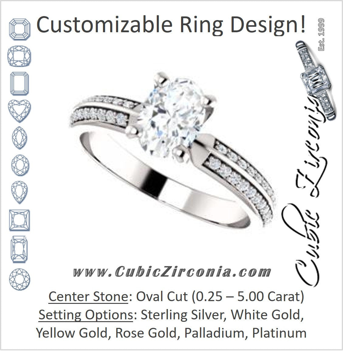 Cubic Zirconia Engagement Ring- The Layla (Customizable Oval Cut Design with Segmented Double-Pavé Band)