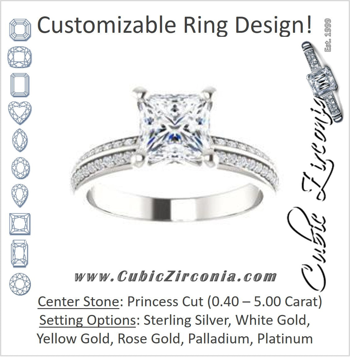 Cubic Zirconia Engagement Ring- The Layla (Customizable Princess Cut Design with Segmented Double-Pavé Band)