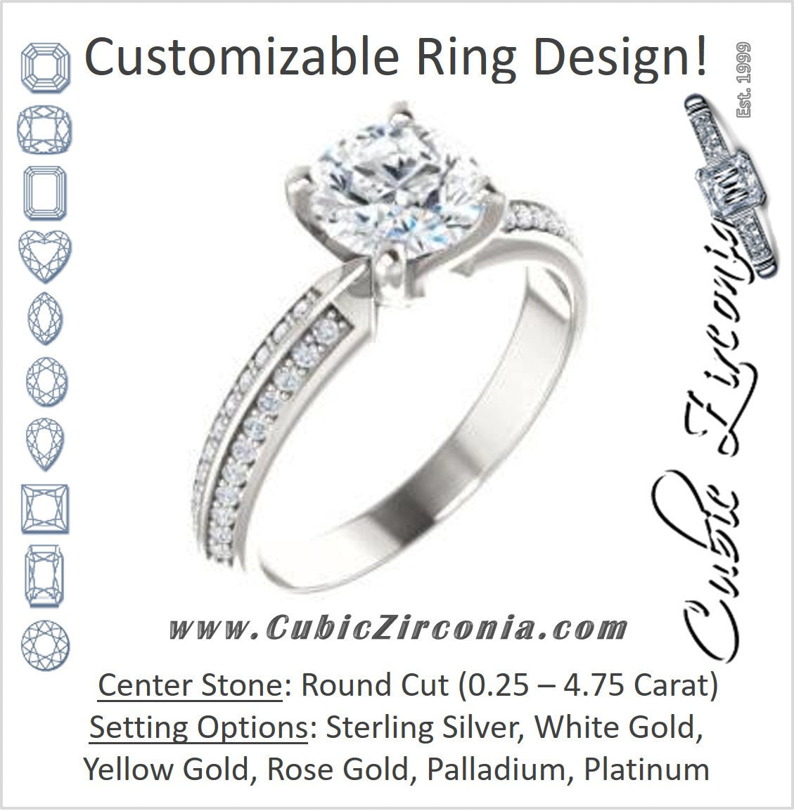Cubic Zirconia Engagement Ring- The Layla (Customizable Round Cut Design with Segmented Double-Pavé Band)