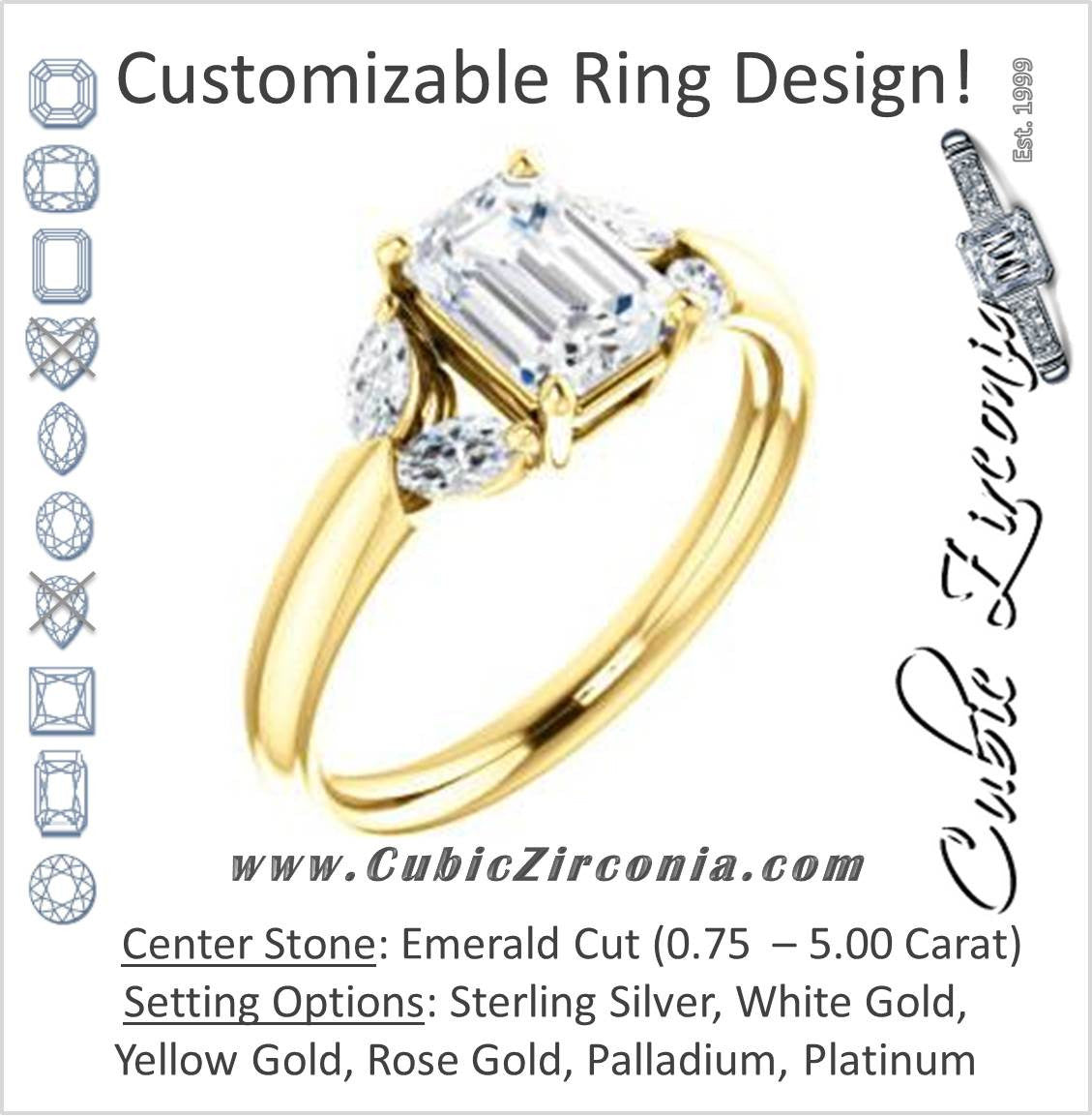 Cubic Zirconia Engagement Ring- The Leeanne (Customizable 5-stone Design with Emerald Cut Center and Marquise Accents)