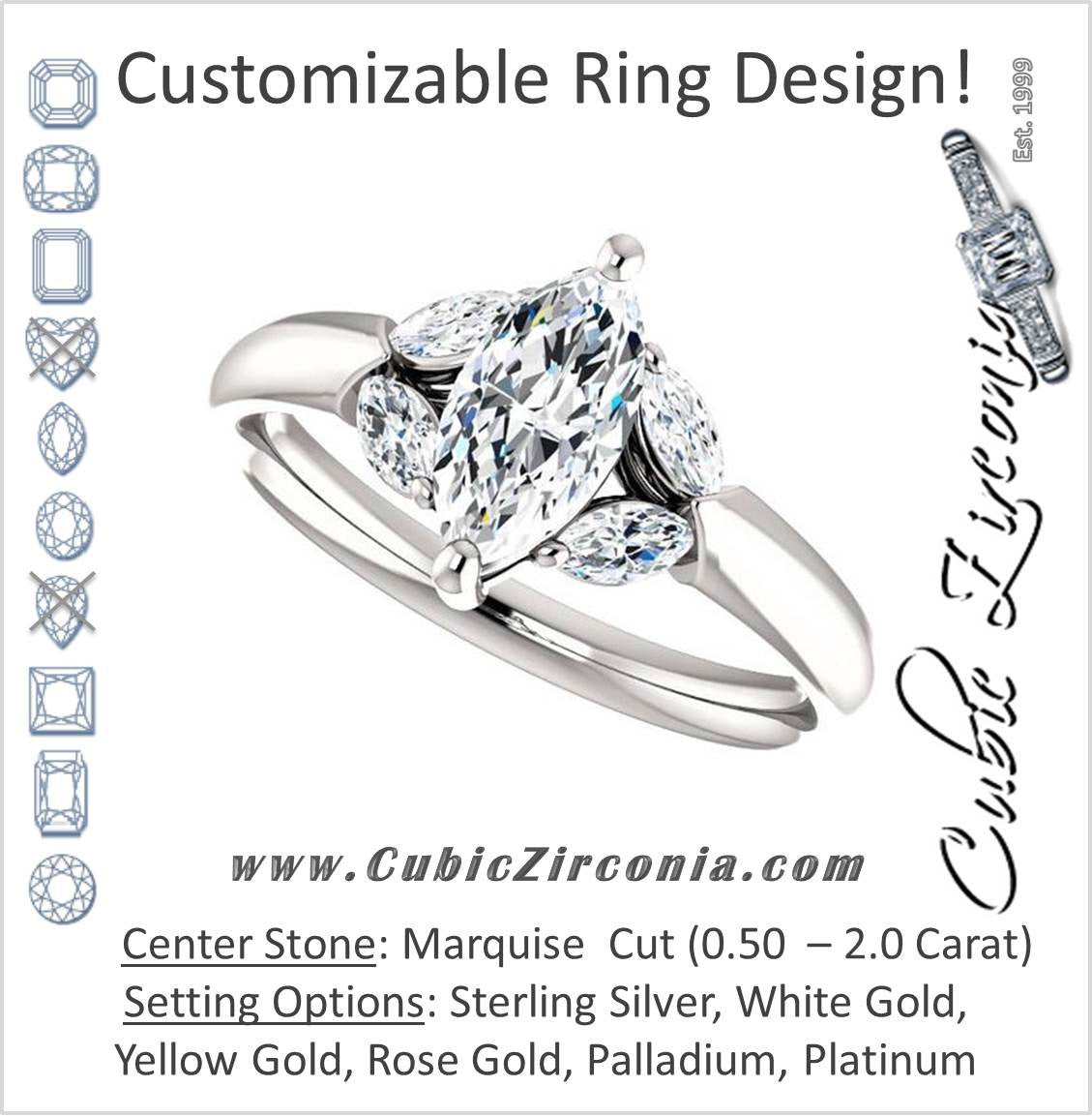 Cubic Zirconia Engagement Ring- The Leeanne (Customizable 5-stone Design with Marquise Cut Center and Marquise Accents)