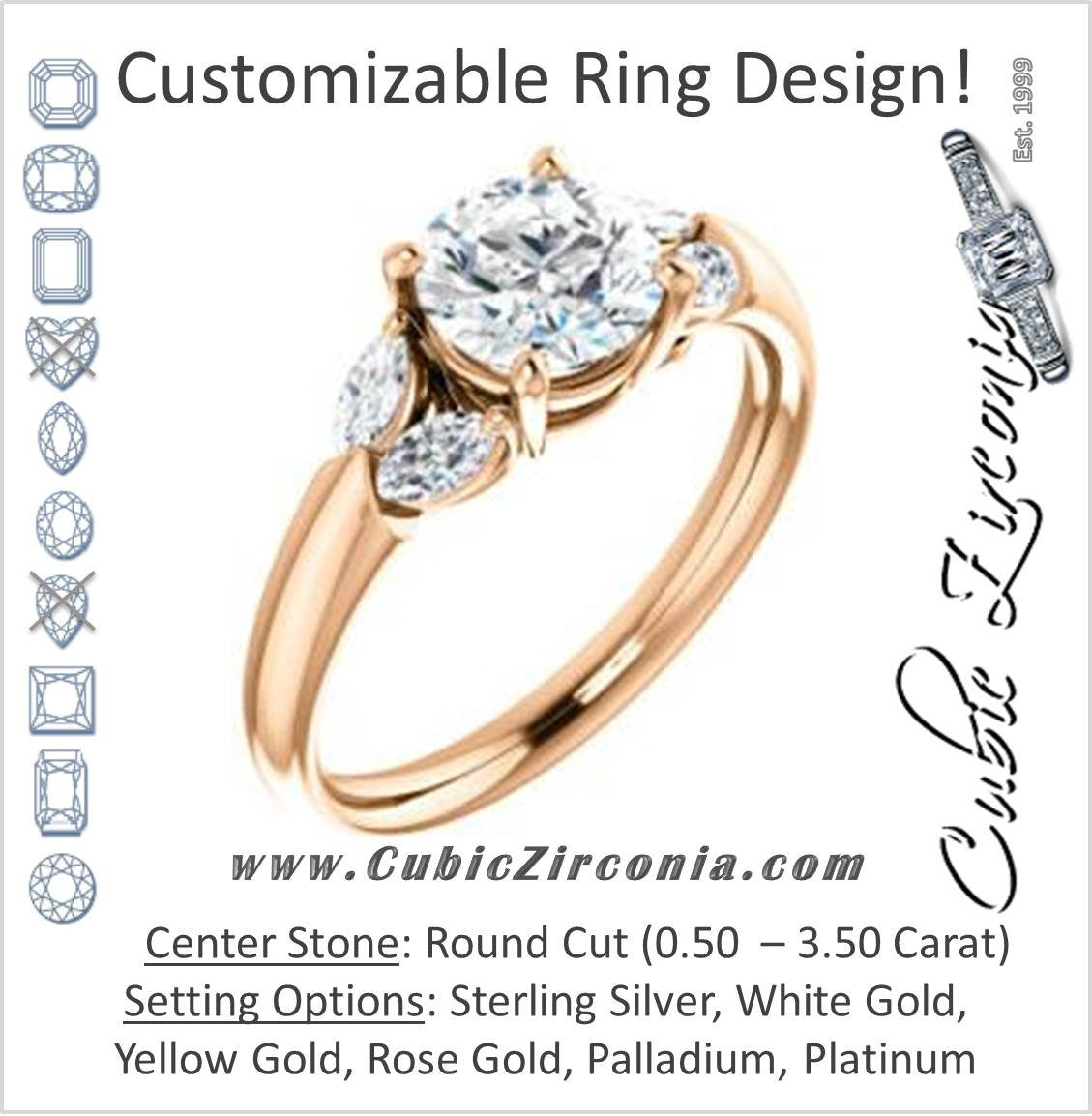 Cubic Zirconia Engagement Ring- The Leeanne (Customizable 5-stone Design with  Round Cut Center and Marquise Accents)