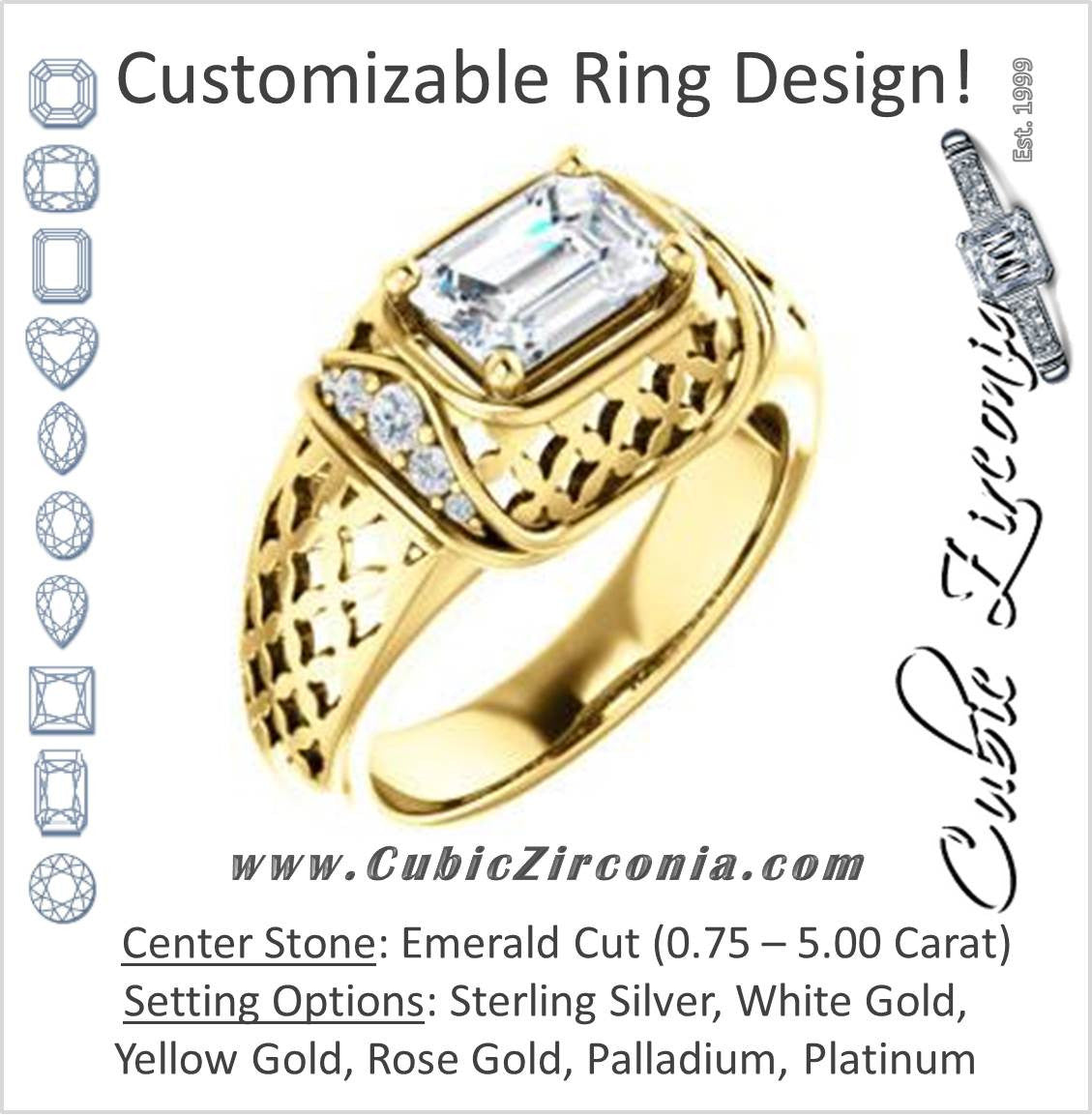 Cubic Zirconia Engagement Ring- The Leilani (Customizable Emerald Cut Vintage Crown Setting with Oversized Crosshatch Band)