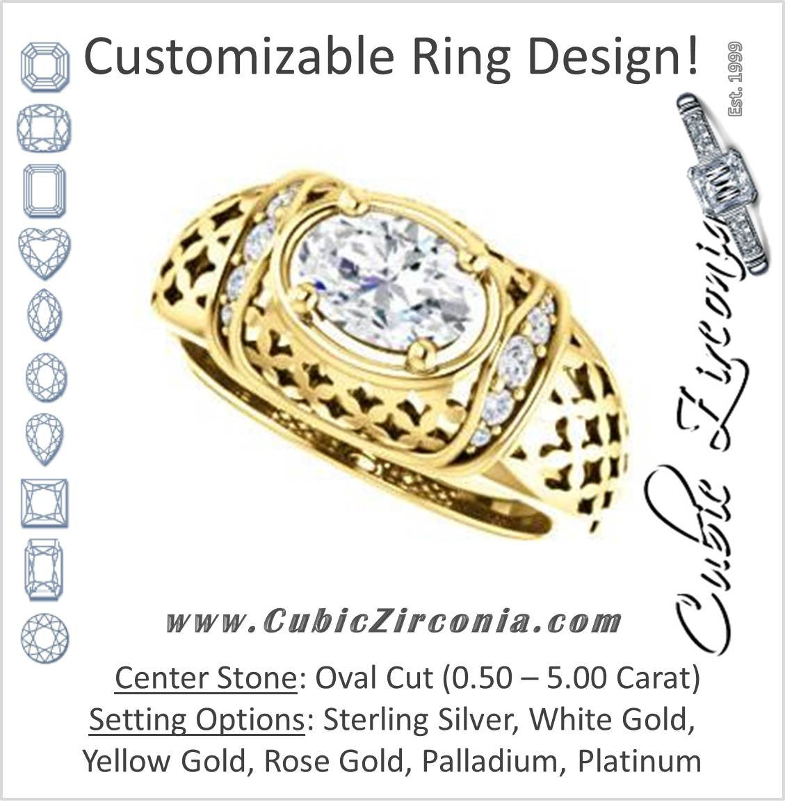 Cubic Zirconia Engagement Ring- The Leilani (Customizable Oval Cut Vintage Crown Setting with Oversized Crosshatch Band)