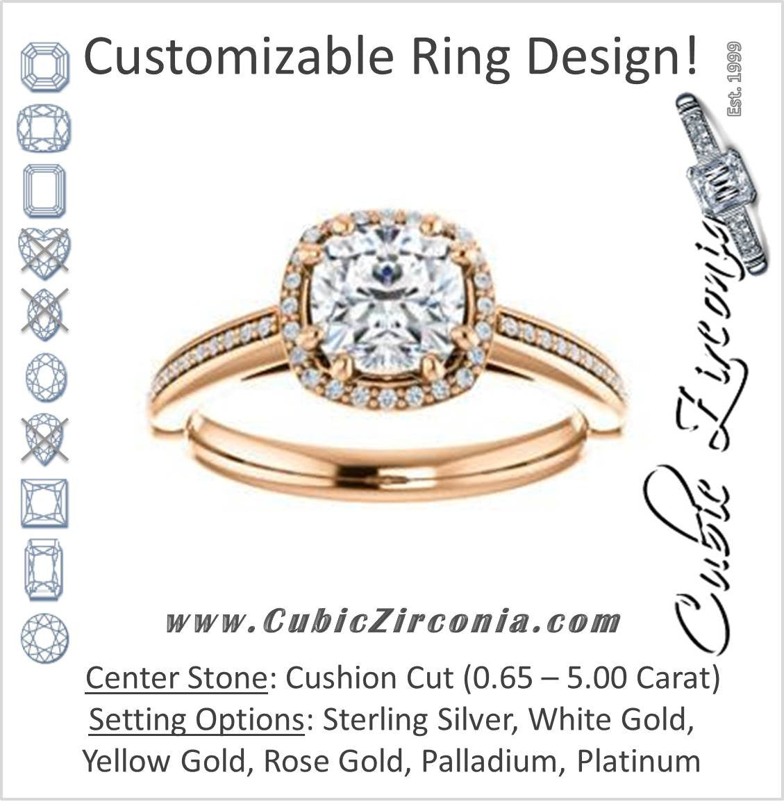 Cubic Zirconia Engagement Ring- The Letitia (Customizable Cathedral-set Cushion Cut Halo Style with Pavé Band)