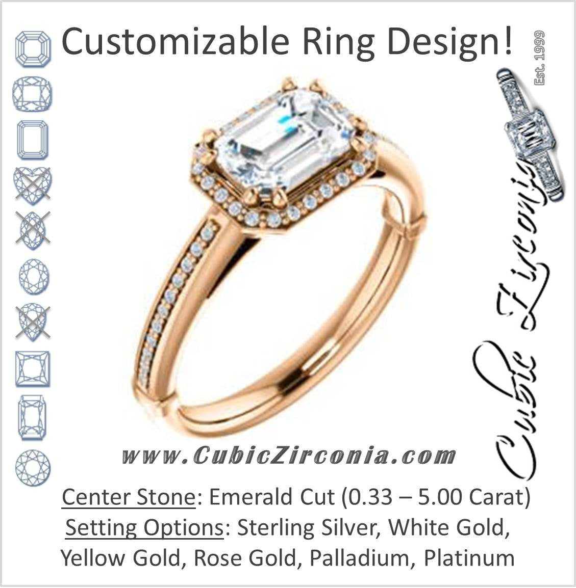 Cubic Zirconia Engagement Ring- The Letitia (Customizable Cathedral-set Emerald Cut Halo Style with Pavé Band)