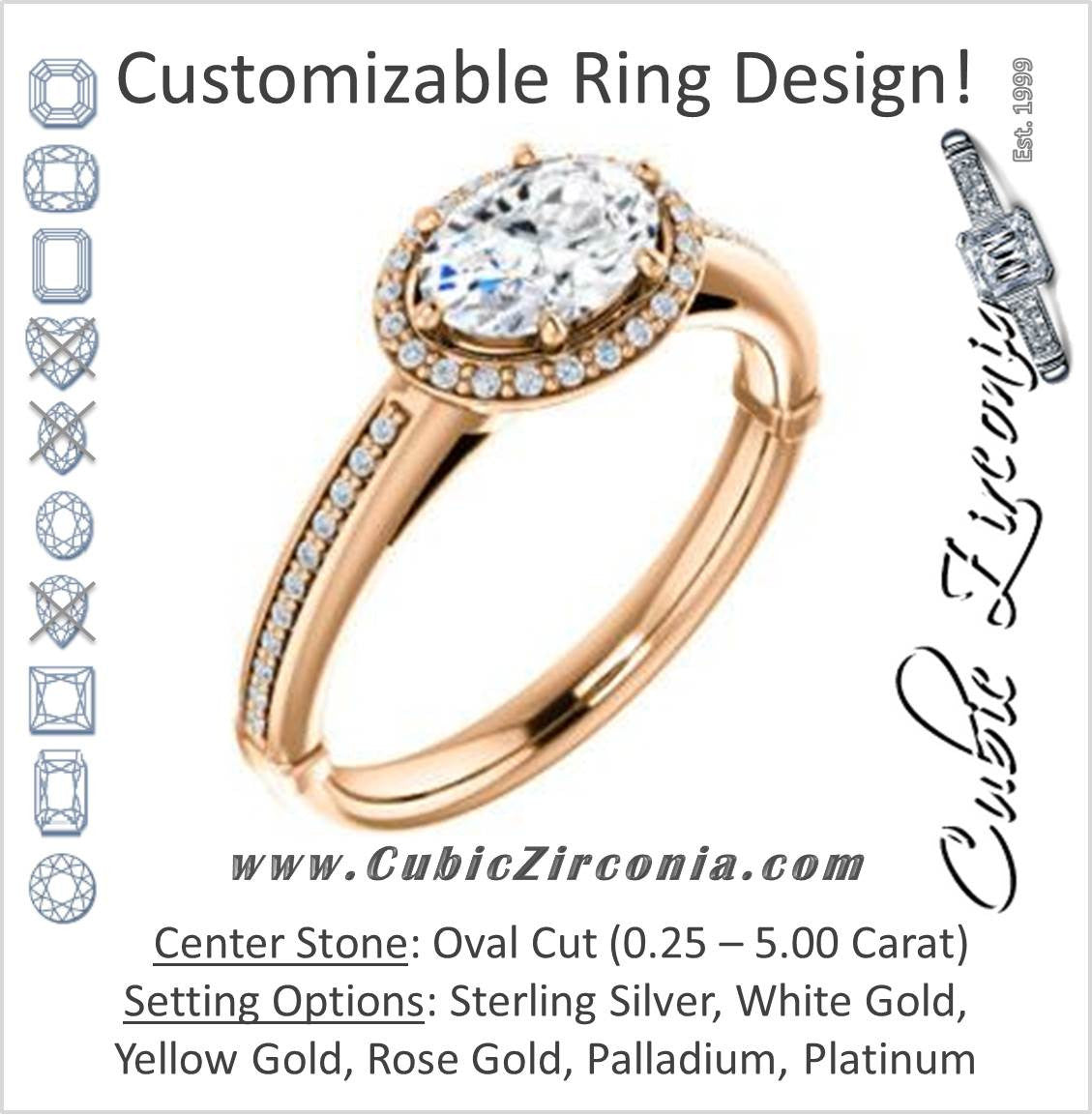 Cubic Zirconia Engagement Ring- The Letitia (Customizable Cathedral-set Oval Cut Halo Style with Pavé Band)