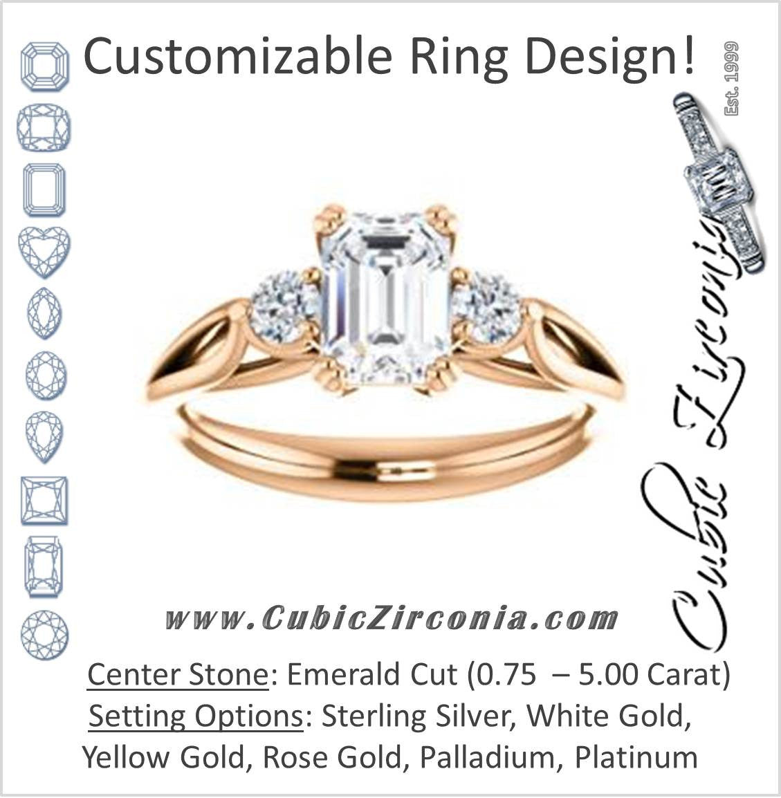 Cubic Zirconia Engagement Ring- The Libby Leigh (Customizable 3-stone Emerald Cut Design with Flanking Round Accents and Wide Curve-Split Band)