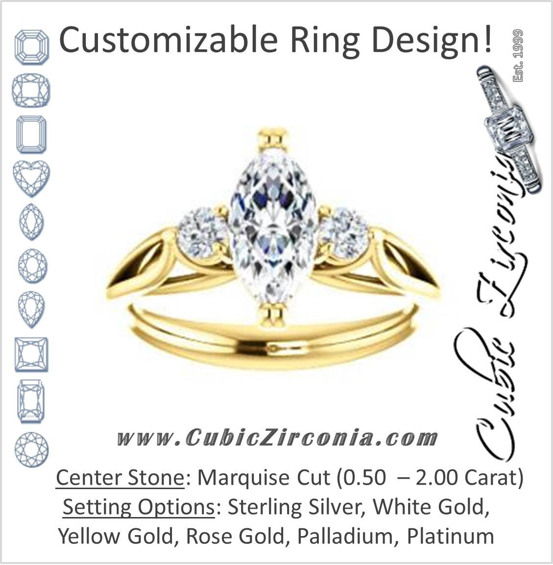 Cubic Zirconia Engagement Ring- The Libby Leigh (Customizable 3-stone Marquise Cut Design with Flanking Round Accents and Wide Curve-Split Band)