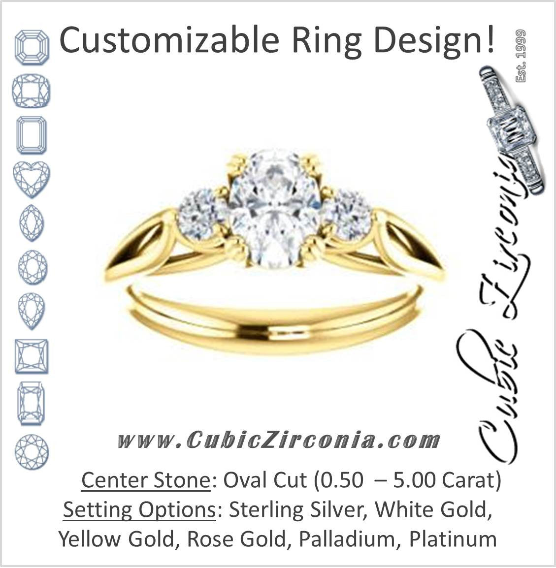 Cubic Zirconia Engagement Ring- The Libby Leigh (Customizable 3-stone Oval Cut Design with Flanking Round Accents and Wide Curve-Split Band)