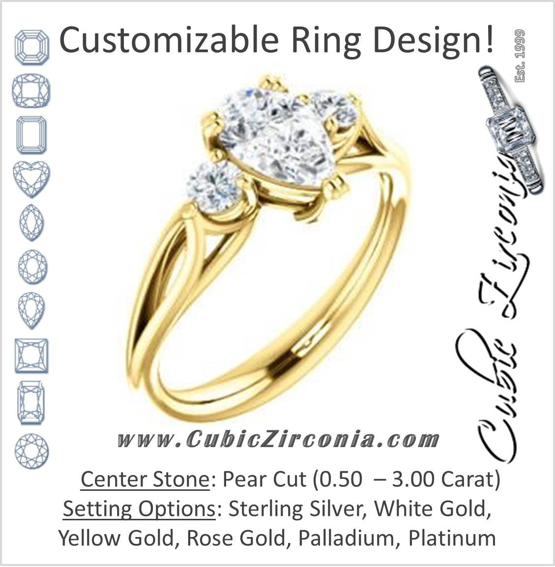 Cubic Zirconia Engagement Ring- The Libby Leigh (Customizable 3-stone Pear Cut Design with Flanking Round Accents and Wide Curve-Split Band)