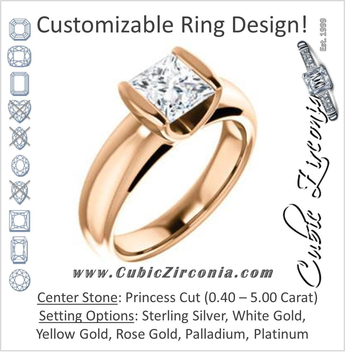 Cubic Zirconia Engagement Ring- The Liza Bella (Customizable Princess Cut Cathedral Bar-set Solitaire)