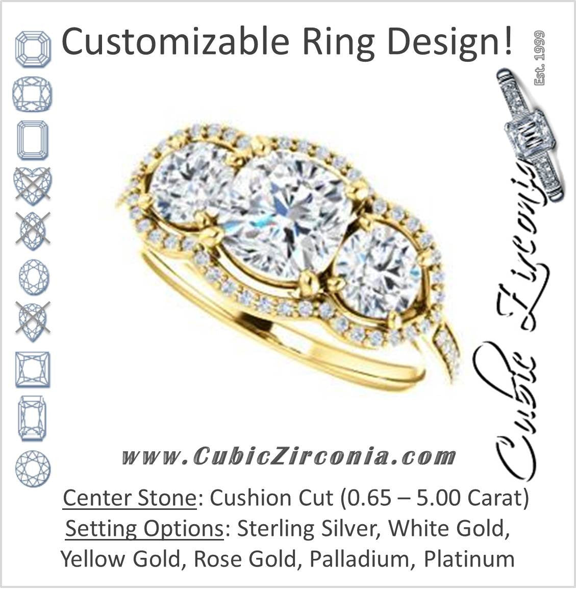 Cubic Zirconia Engagement Ring- The Lizabeth (Customizable Cushion Cut Enhanced 3-stone Style with Tri-Halos & Thin Pavé Band)