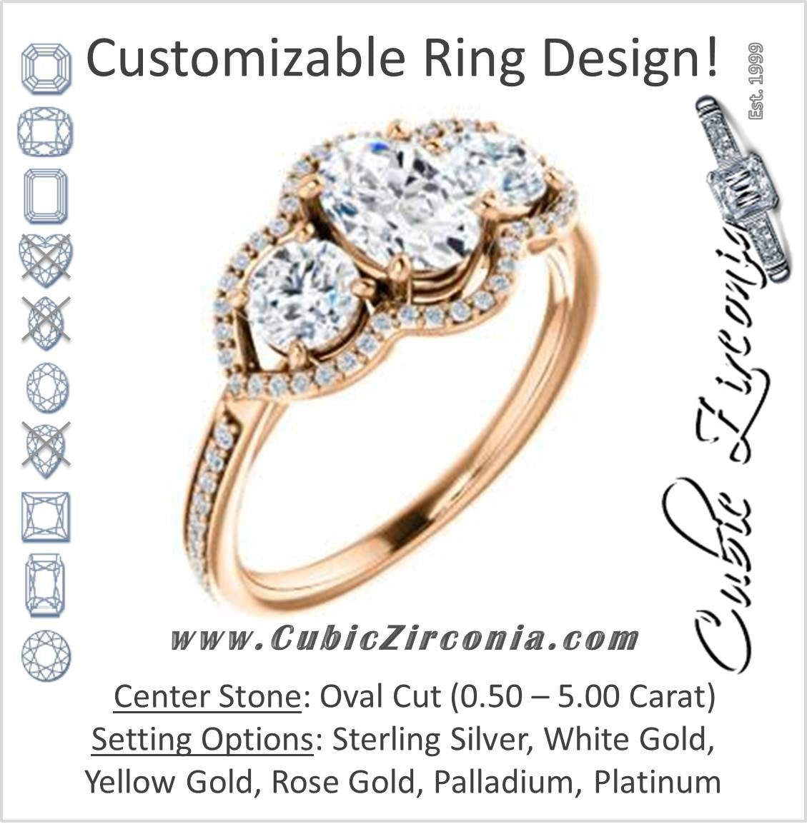 Cubic Zirconia Engagement Ring- The Lizabeth (Customizable Oval Cut Enhanced 3-stone Style with Tri-Halos & Thin Pavé Band)