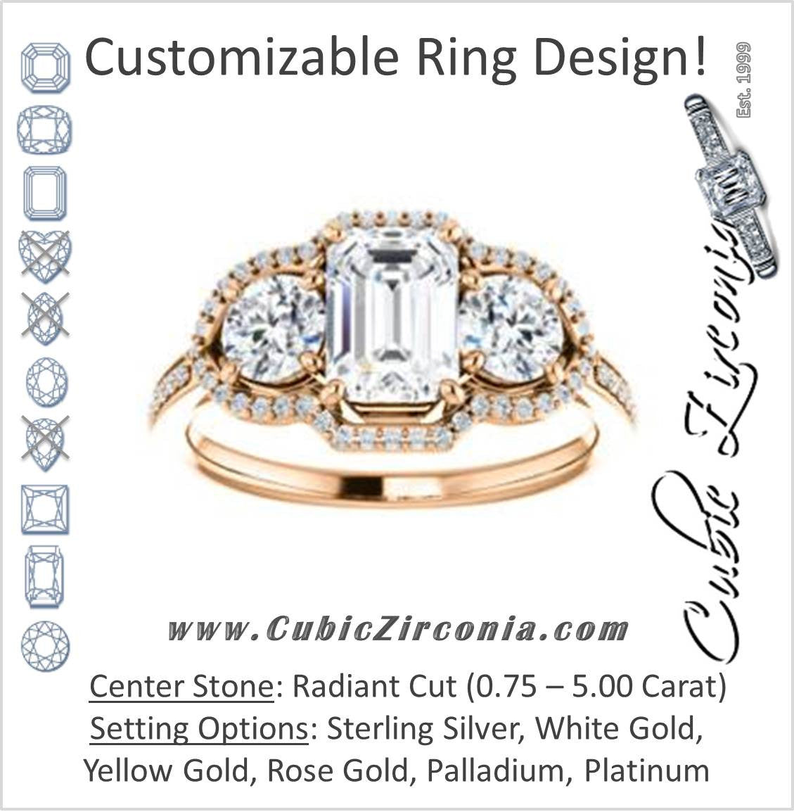 Cubic Zirconia Engagement Ring- The Lizabeth (Customizable Radiant Cut Enhanced 3-stone Style with Tri-Halos & Thin Pavé Band)
