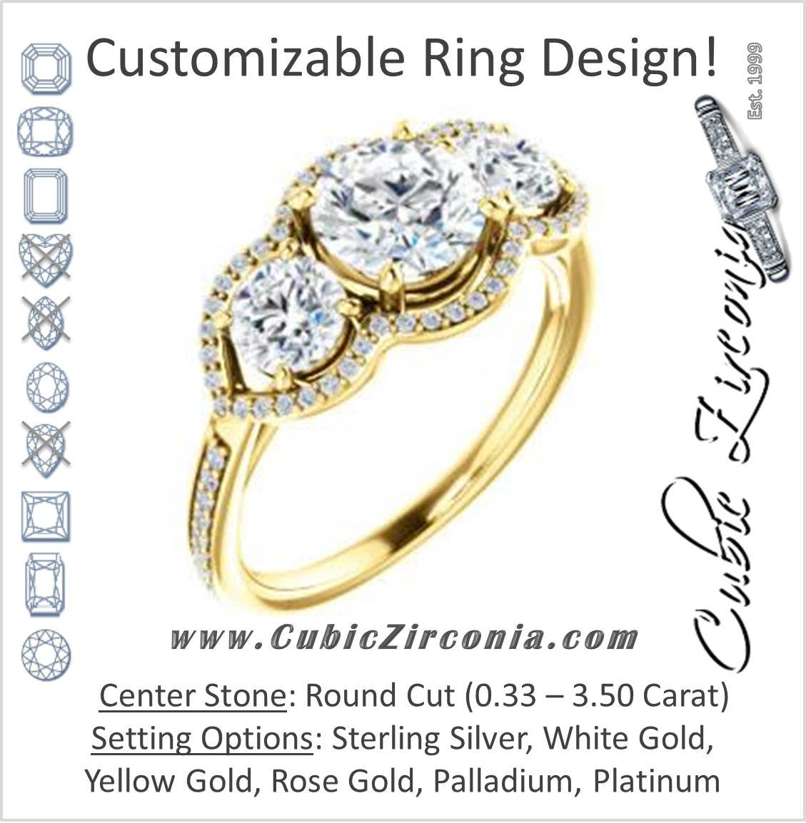 Cubic Zirconia Engagement Ring- The Lizabeth (Customizable Round Cut Enhanced 3-stone Style with Tri-Halos & Thin Pavé Band)