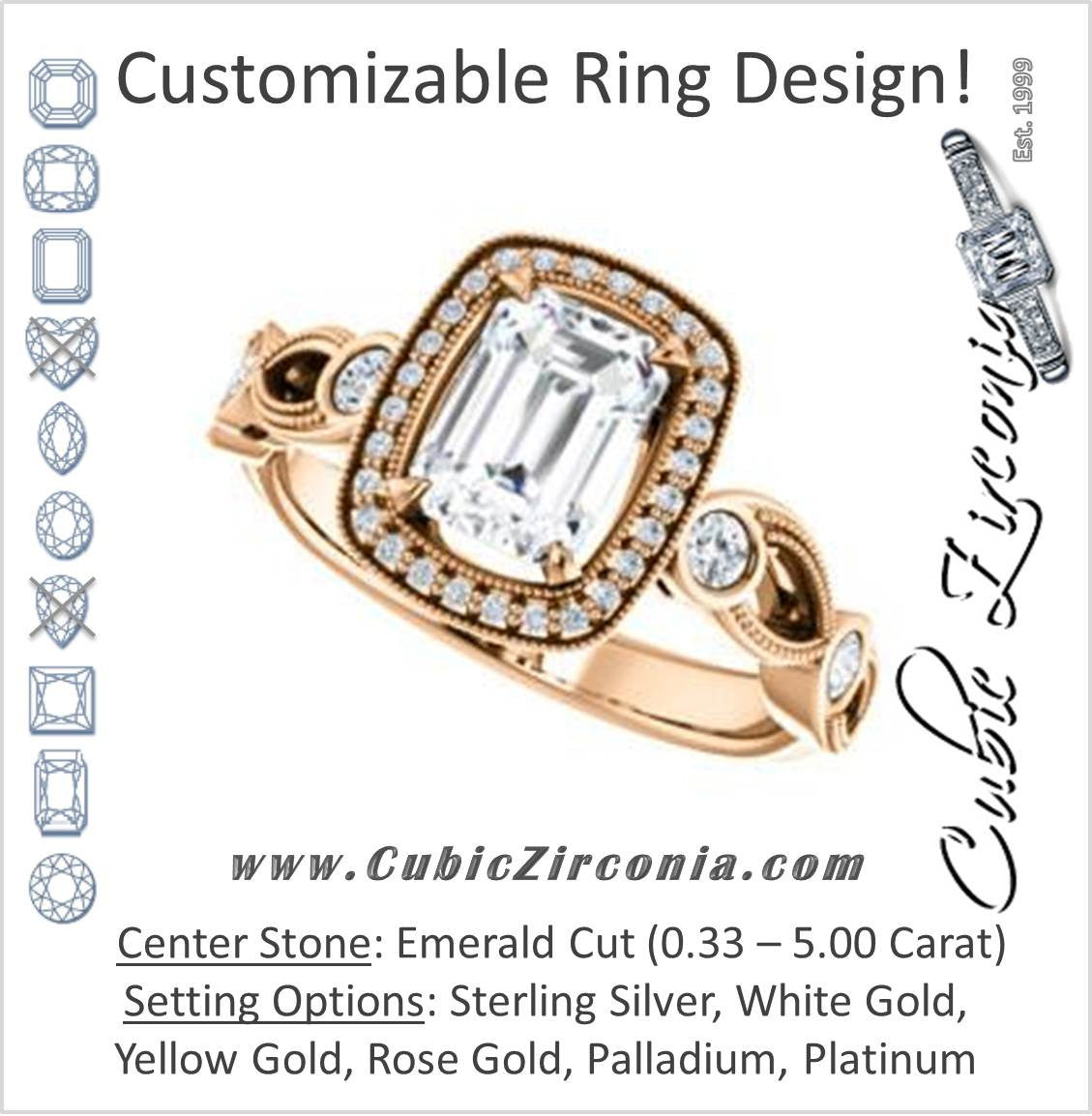 Cubic Zirconia Engagement Ring- The Lois Belle (Customizable Emerald Cut Halo-Style with Twisting Filigreed Infinity Split-Band)