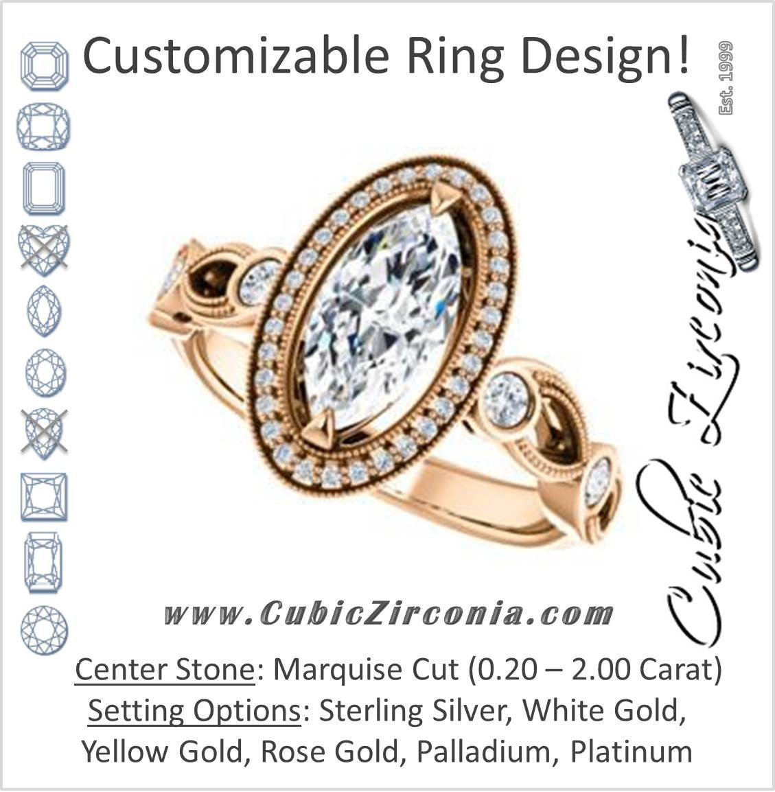 Cubic Zirconia Engagement Ring- The Lois Belle (Customizable Marquise Cut Halo-Style with Twisting Filigreed Infinity Split-Band)