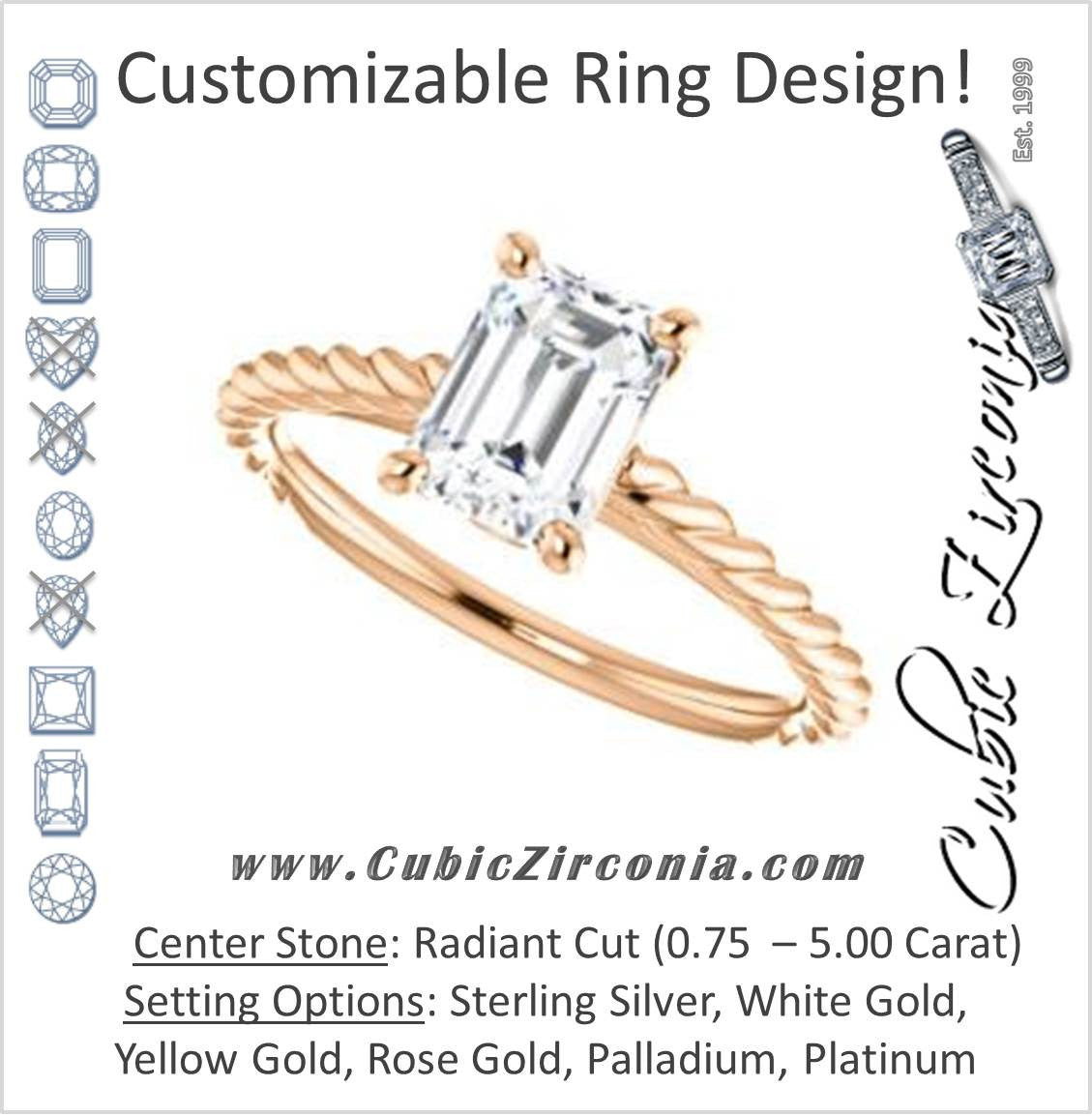 Cubic Zirconia Engagement Ring- The Lolita (Customizable Radiant Cut Style with Braided Metal Band and Round Bezel Peekaboo Accents)