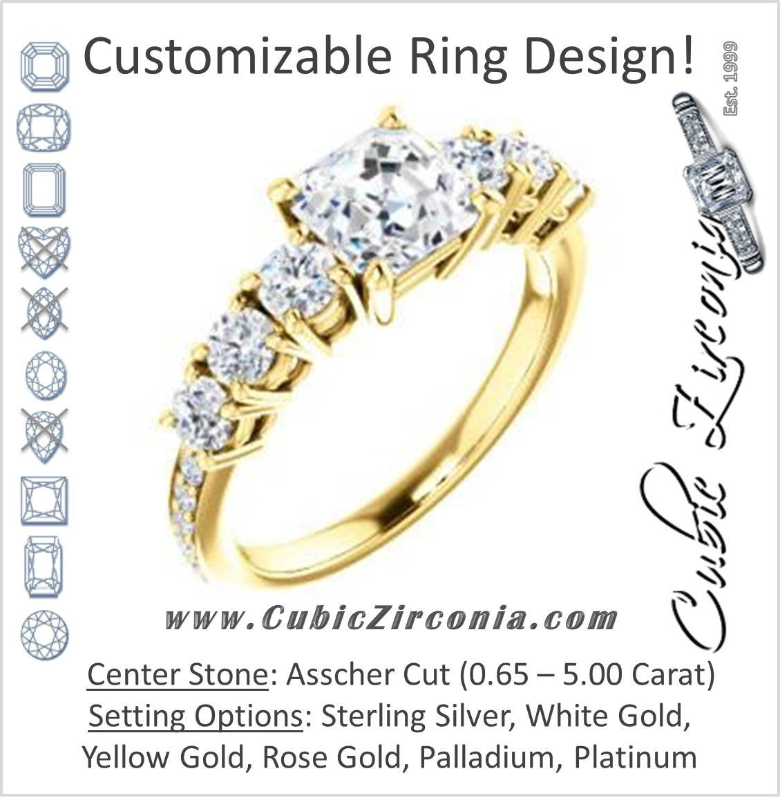 Cubic Zirconia Engagement Ring- The Lorelei (Customizable Enhanced 7-stone Asscher Cut Style with Pavé Band)